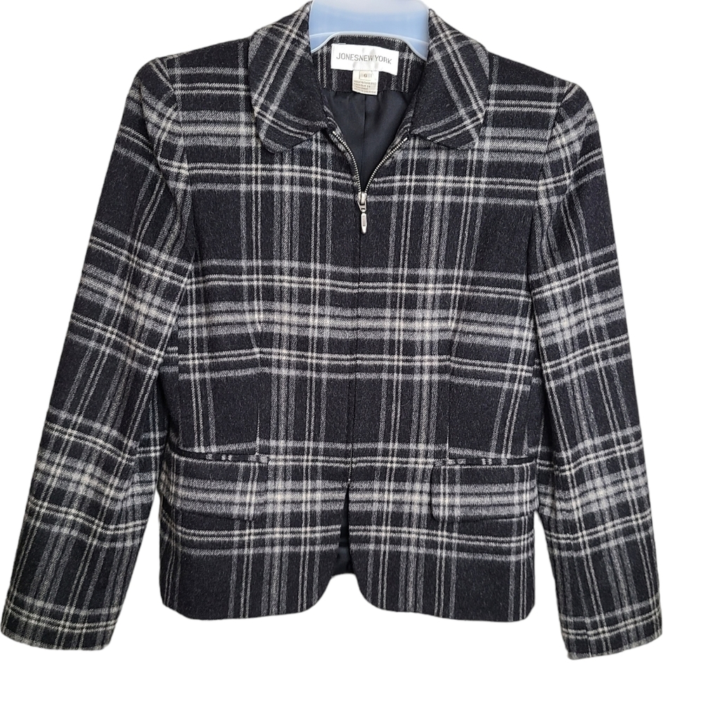 Jones New York Black Plaid Zip Front Wool Blazer Jacket Pockets Ladies Size 6
